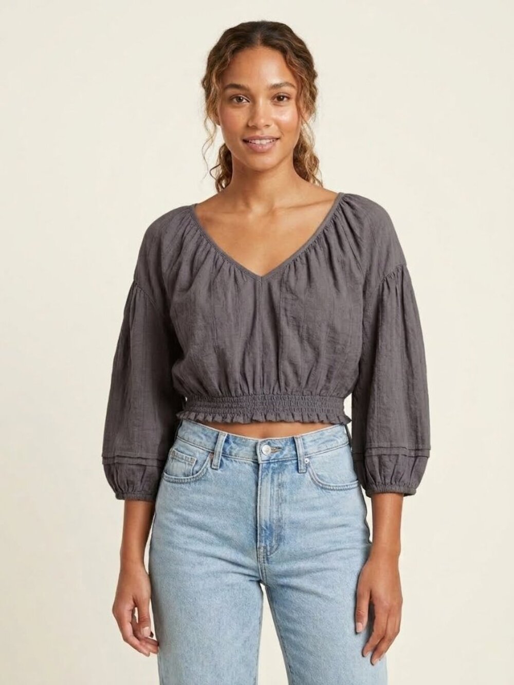 Universal Thread Slate Blue Cropped Peasant Top Size XS